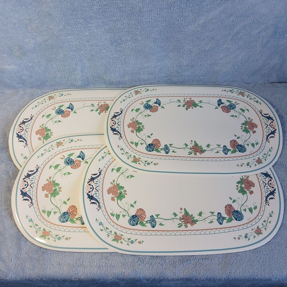 (4) Vintage 1990s Town & Country Linen Vinyl Placemats Glory Vine Floral Blue